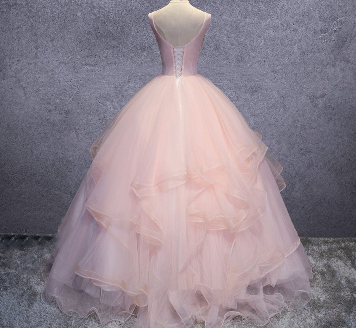 Pink A Line Organza Floor - Length Prom Dress with Appliqued - KissProm