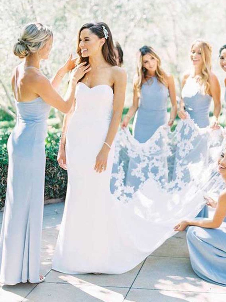 Elegant Sheath Halter Light Blue Satin Long Bridesmaid Dresses - KissProm