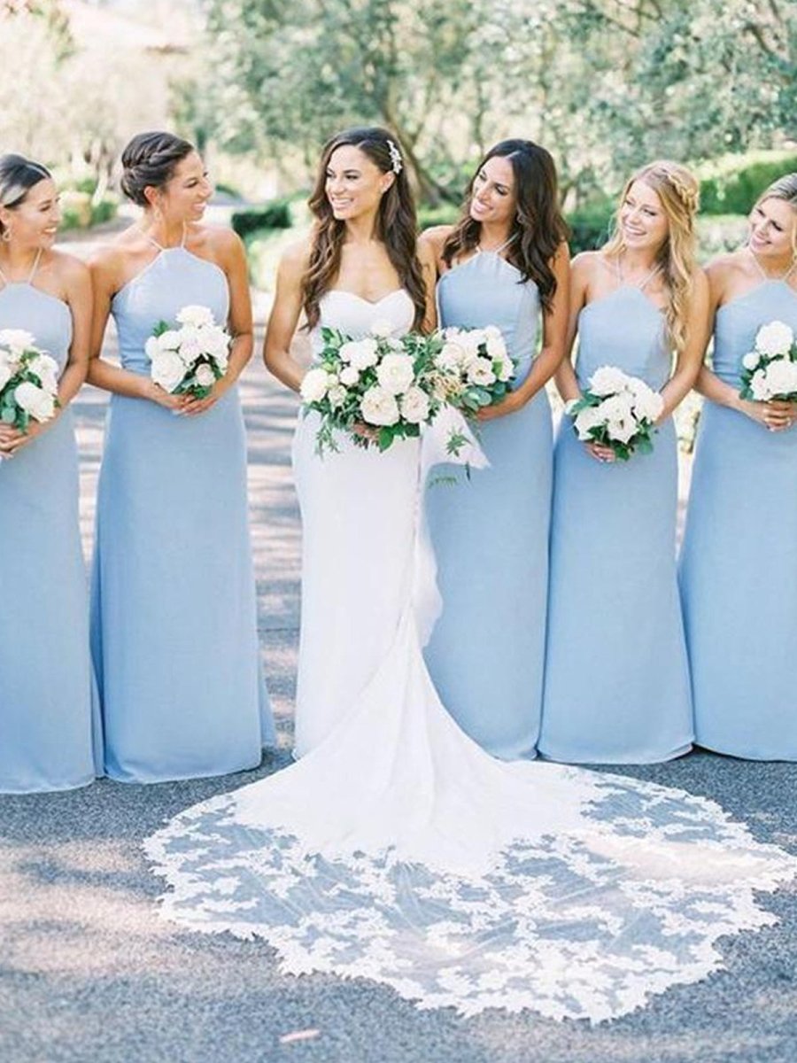 Elegant Sheath Halter Light Blue Satin Long Bridesmaid Dresses - KissProm