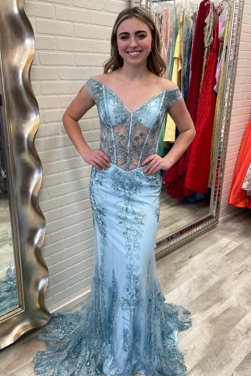 Blue Sheer Mesh Lace Off - the - Shoulder Trumpet Long Prom Gown - KissProm