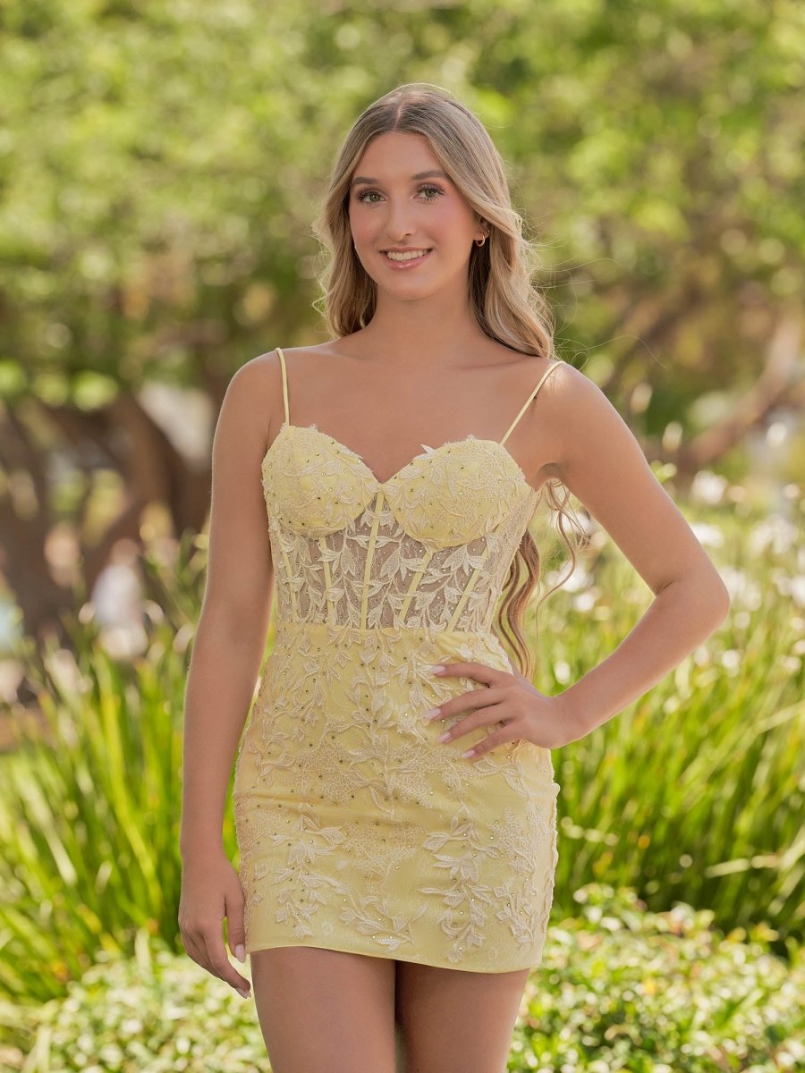 Ellie | Yellow Spaghetti Straps Tight Short Homecoming Dress with Appliques - KissProm