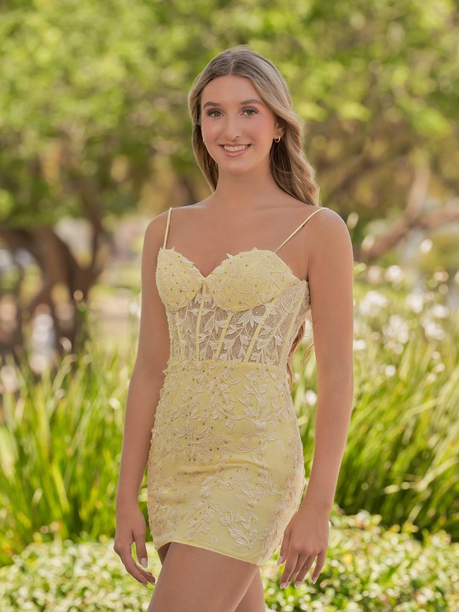 Ellie | Yellow Spaghetti Straps Tight Short Homecoming Dress with Appliques - KissProm