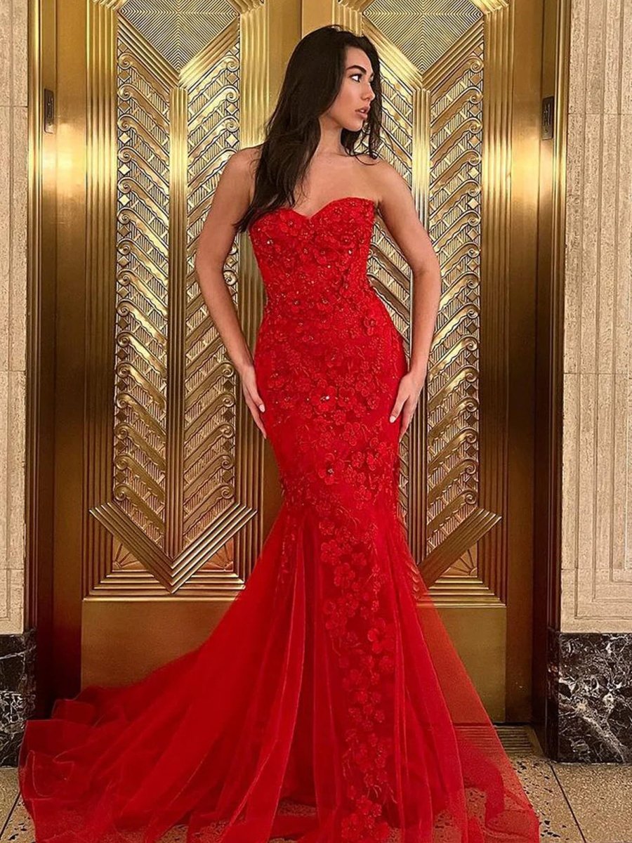 Ellorie | Mermaid Sweetheart Red Lace Long Prom Dresses - KissProm