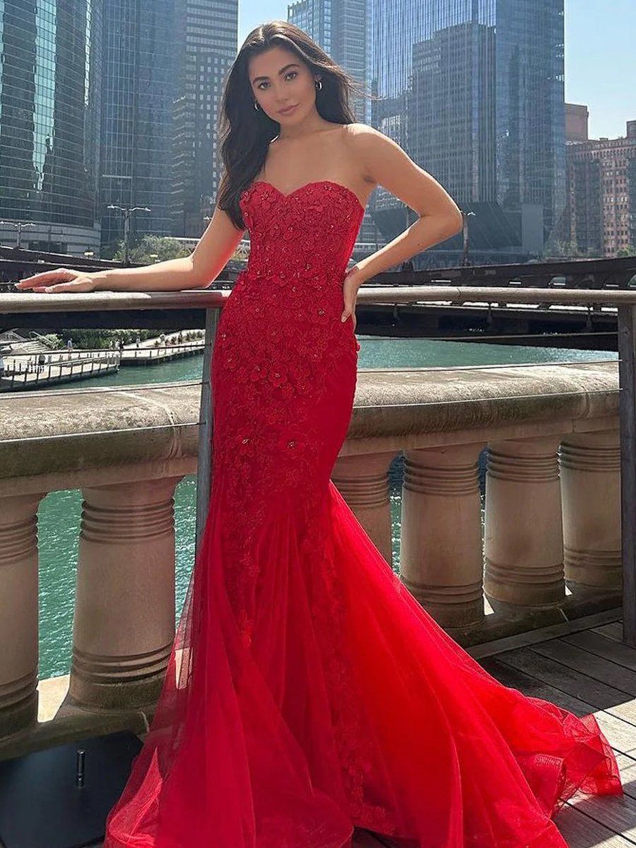 Ellorie | Mermaid Sweetheart Red Lace Long Prom Dresses - KissProm