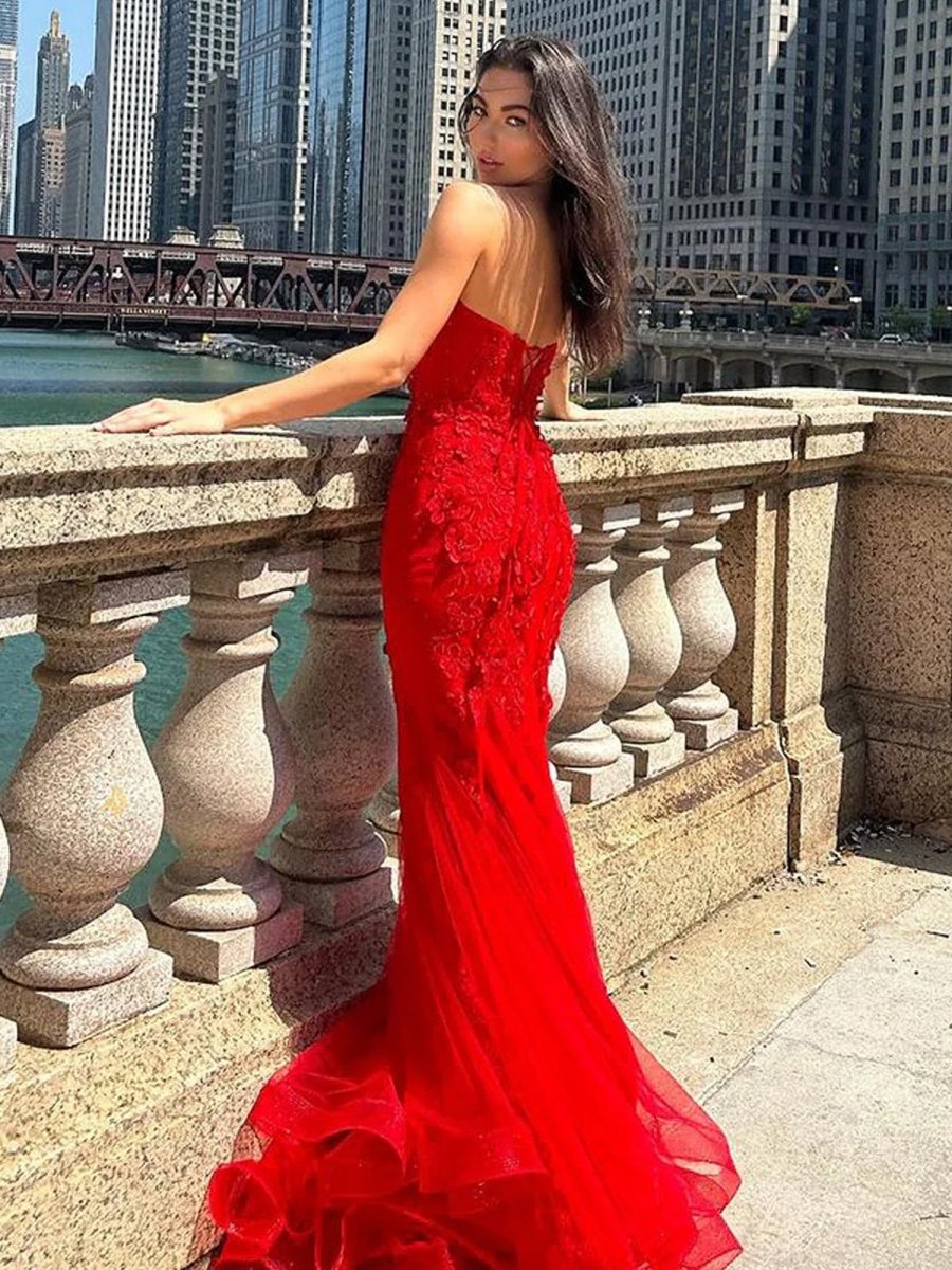 Ellorie | Mermaid Sweetheart Red Lace Long Prom Dresses - KissProm