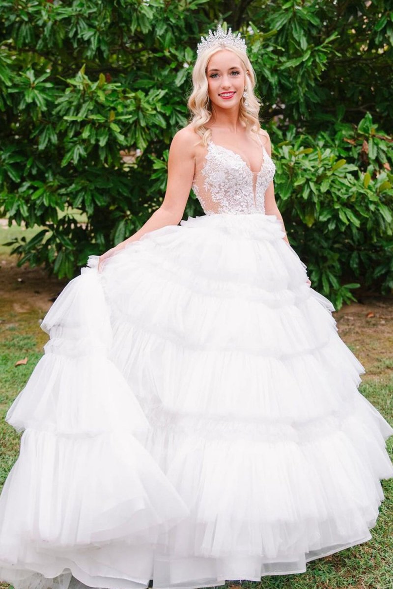 Hadlee | Black Beaded Spaghetti Strap Ruffle Tiered Ball Gown - KissProm