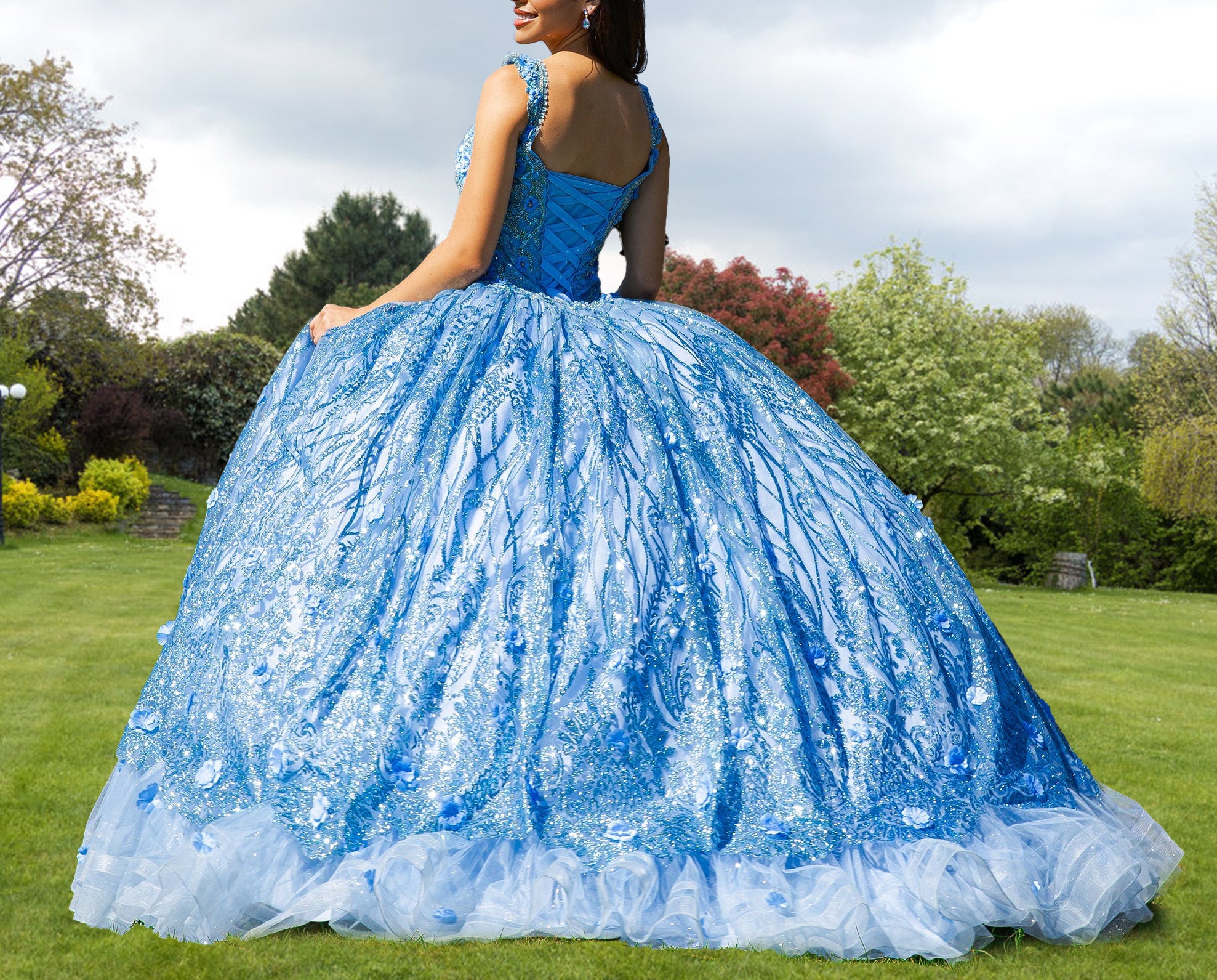 Ball Gown Lace V Neck Sky Blue Quinceanera Dress KissProm