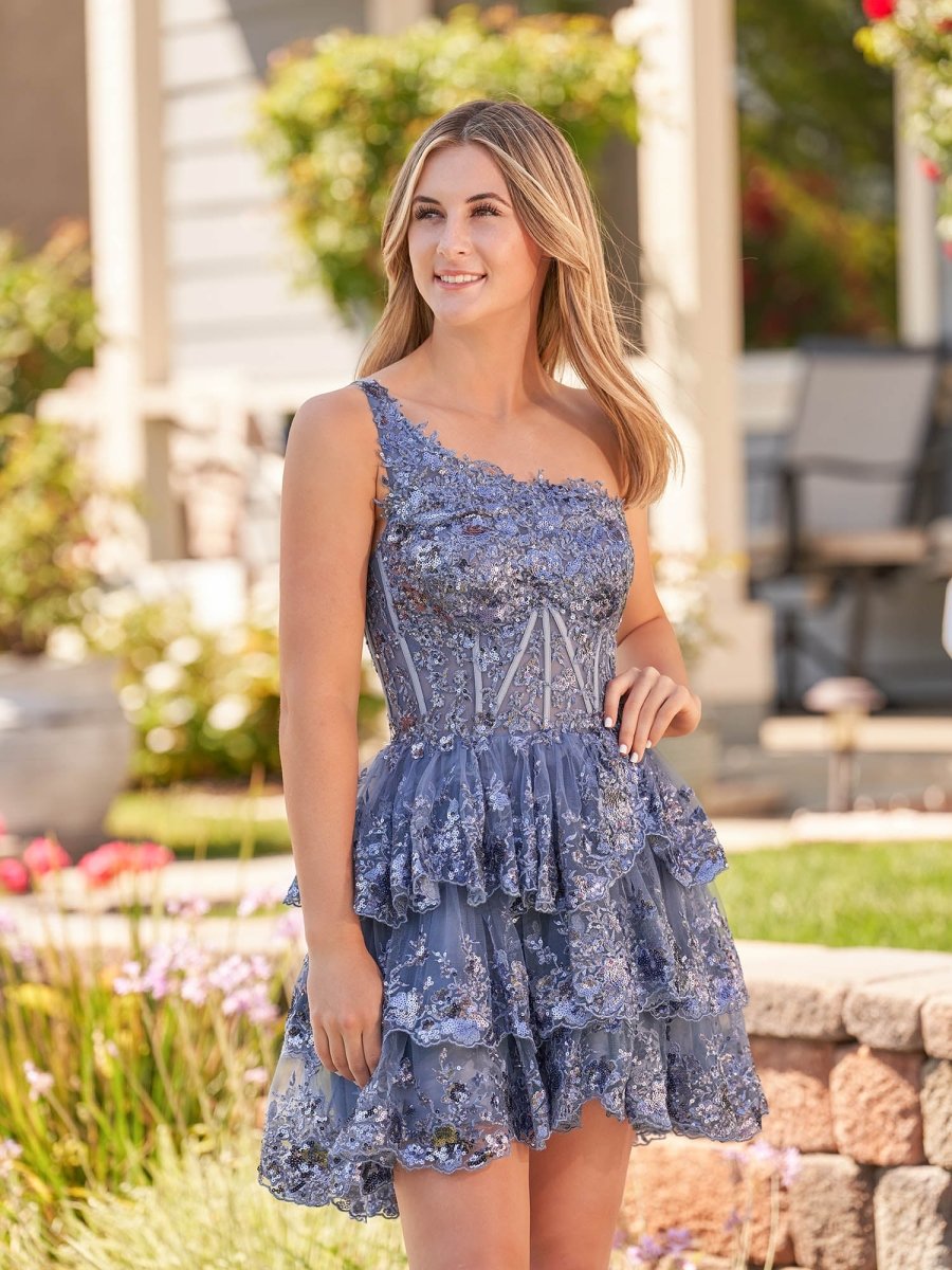 Emma | A Line One Shoulder Navy Tiered Lace Short Homecoming Dress - KissProm