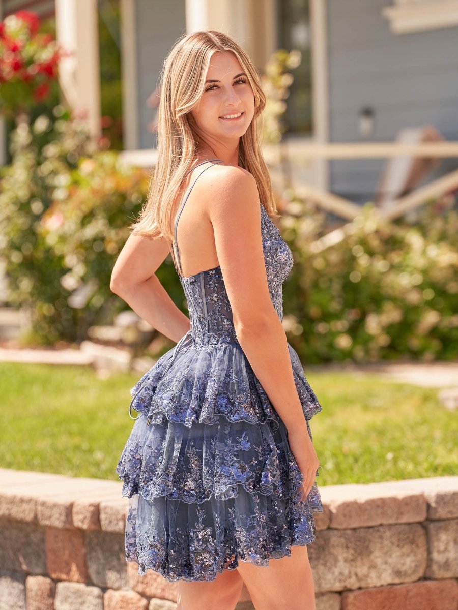 Emma | A Line One Shoulder Navy Tiered Lace Short Homecoming Dress - KissProm