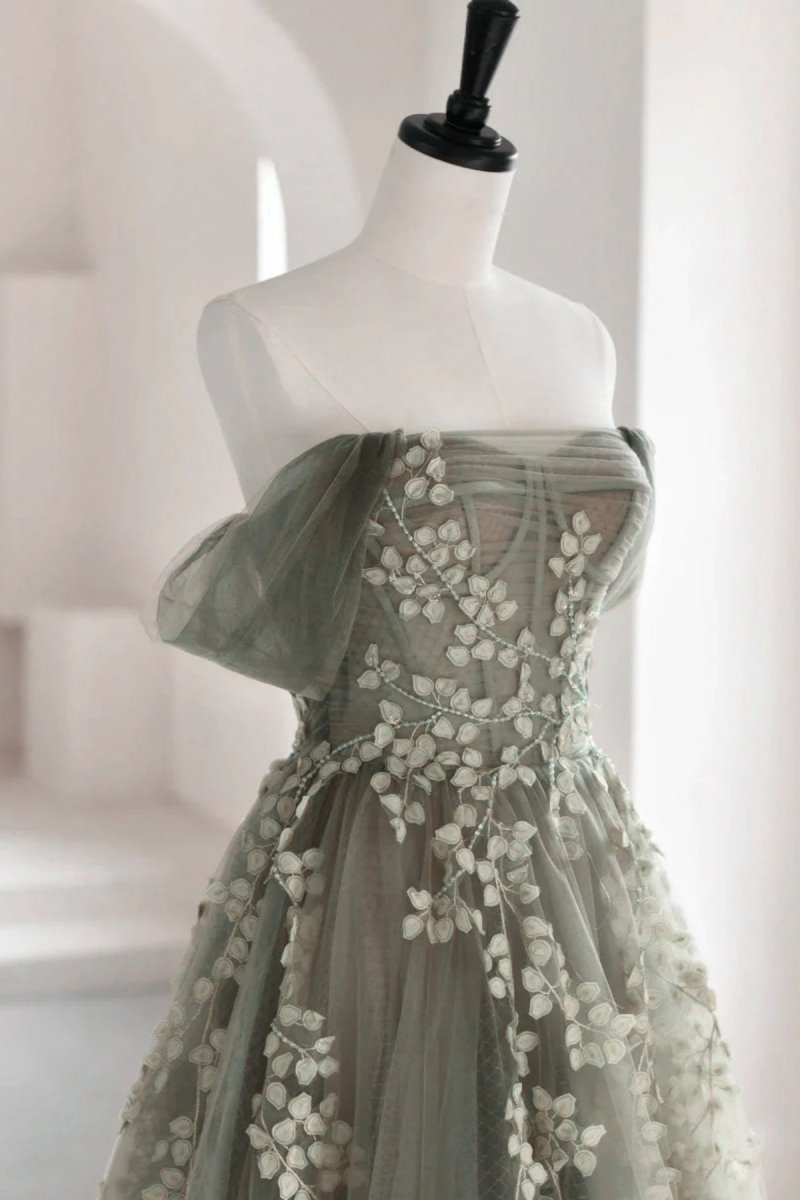 Eosinia | Gray Green Off The Shoulder Tulle Prom Dress With Appliques - KissProm