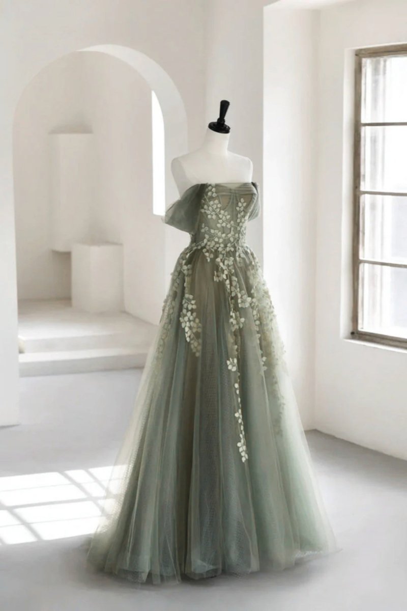 Eosinia | Gray Green Off The Shoulder Tulle Prom Dress With Appliques - KissProm