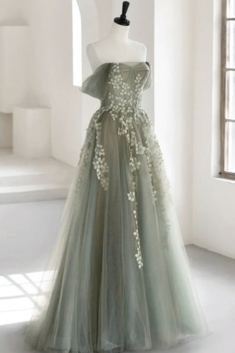 Eosinia | Gray Green Off The Shoulder Tulle Prom Dress With Appliques - KissProm