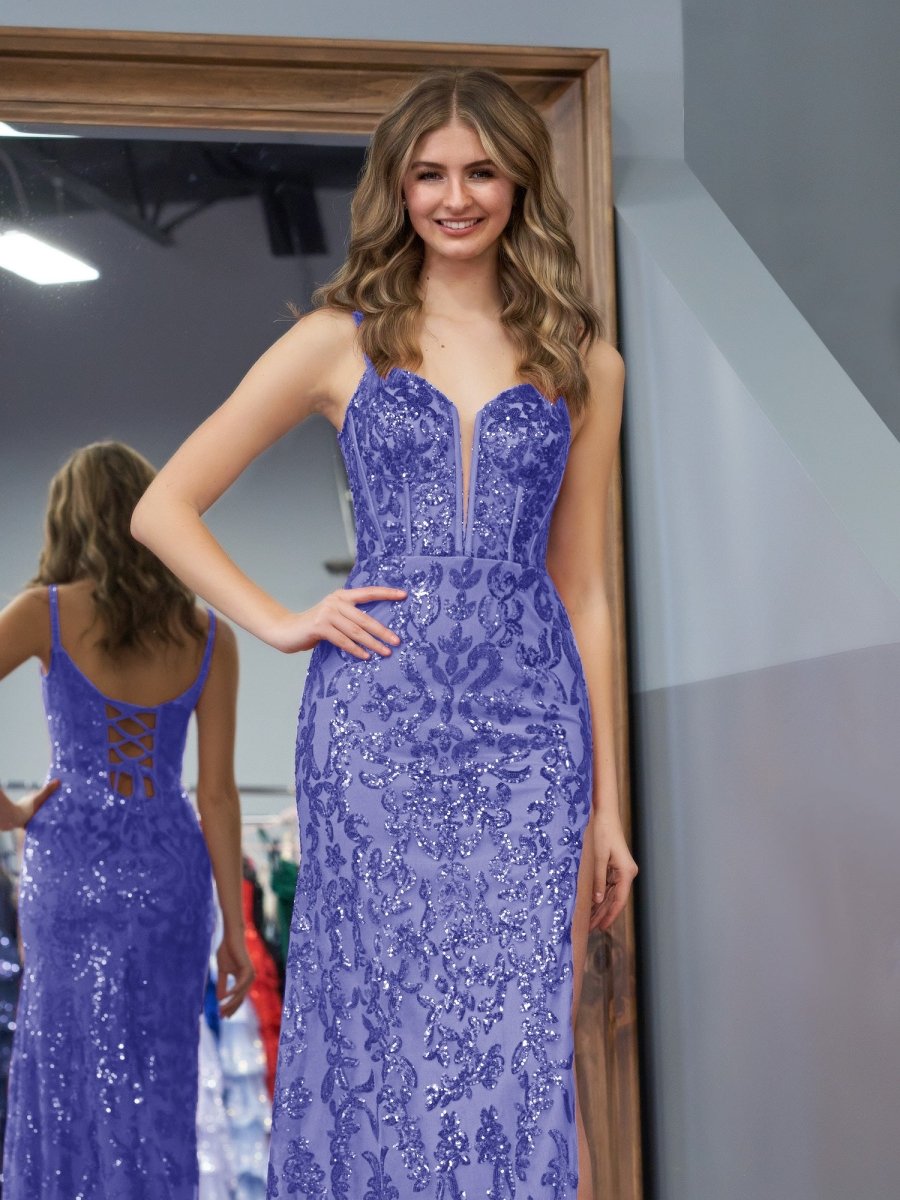 Erryn |Purple Sheath Sequins Long Prom Dress with Slit - KissProm