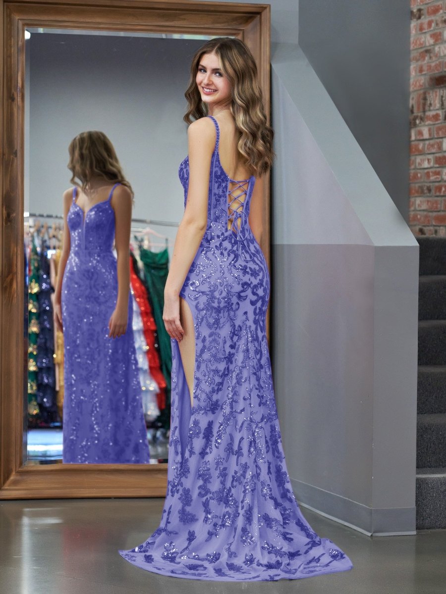 Sparkly Blue Sheath Sequins Long Prom Dress with Slit - KissProm