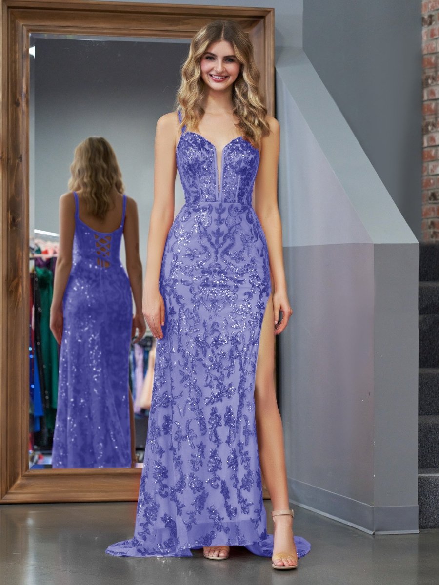 Erryn |Purple Sheath Sequins Long Prom Dress with Slit - KissProm