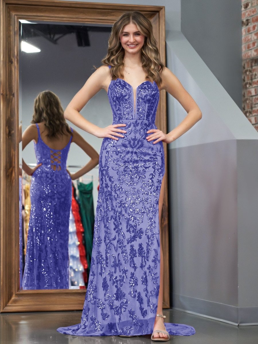 Erryn |Purple Sheath Sequins Long Prom Dress with Slit - KissProm