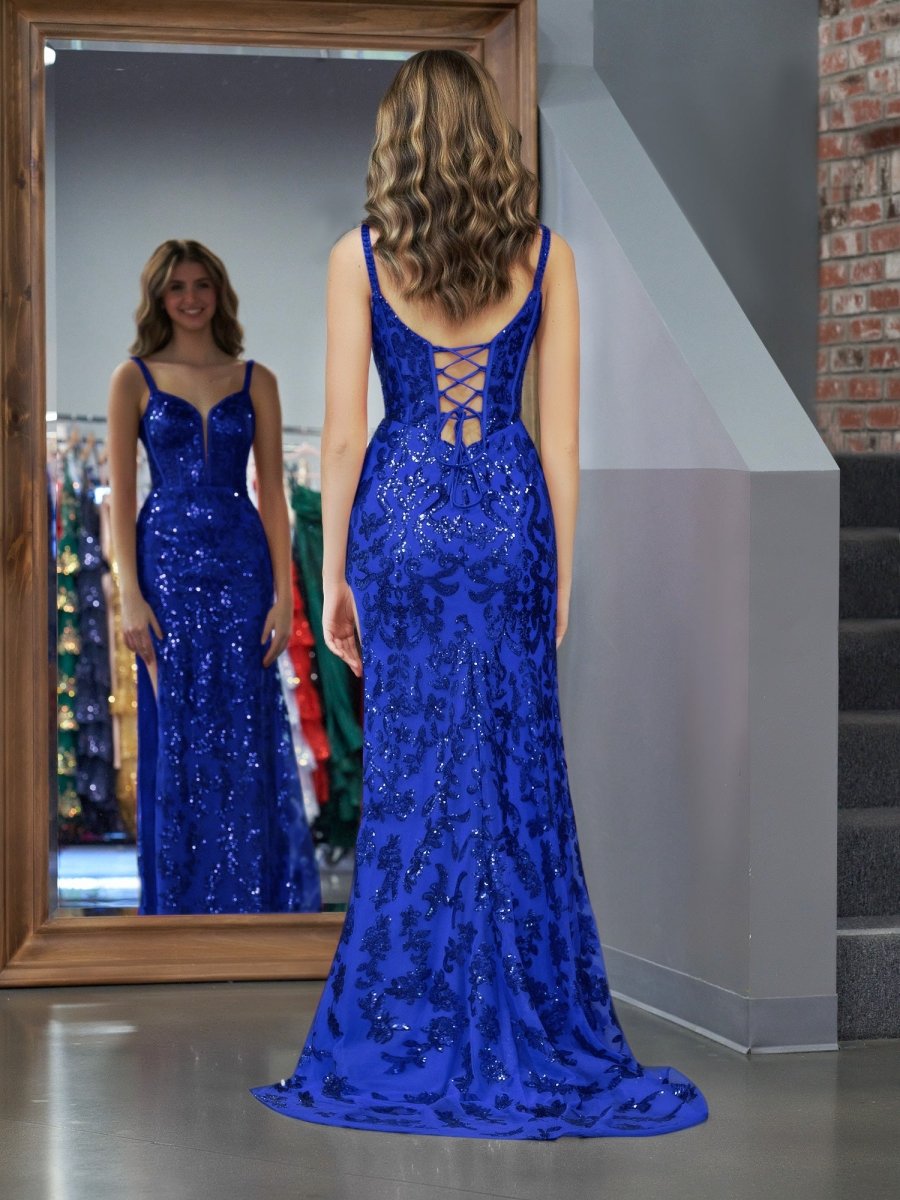 Erryn |Sparkly Blue Sheath Sequins Long Prom Dress with Slit - KissProm