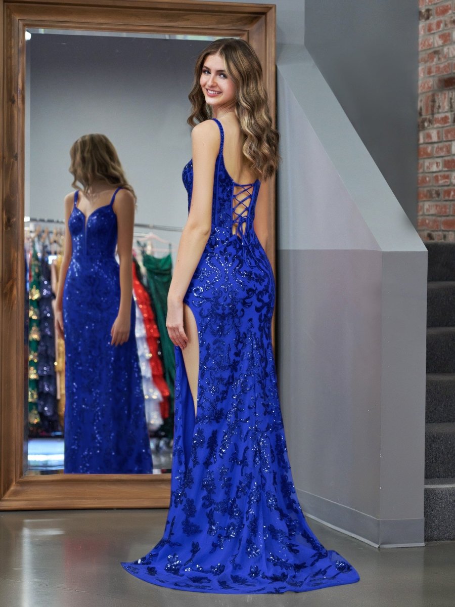 Erryn |Sparkly Blue Sheath Sequins Long Prom Dress with Slit - KissProm