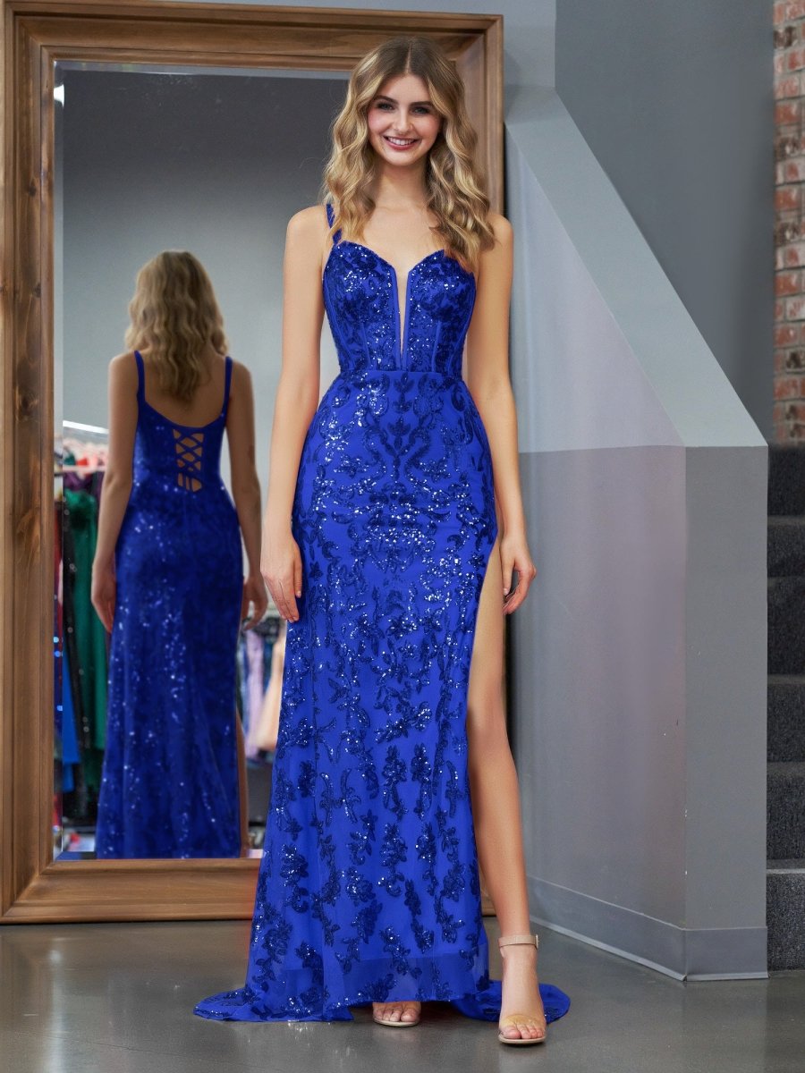 Sparkly Blue Sheath Sequins Long Prom Dress with Slit - KissProm