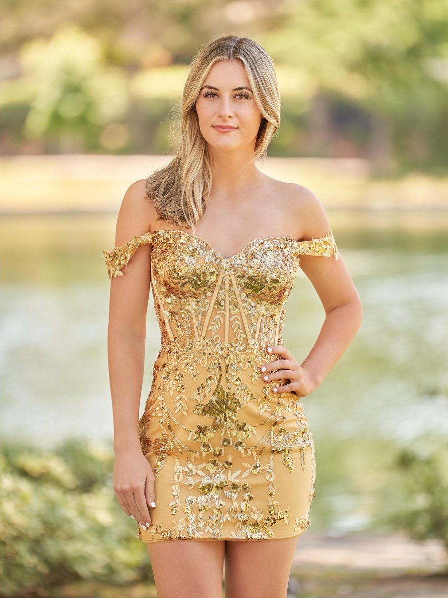 Erykah | Short Off the Shoulder Sheath Gold Kace Corset Homecoming Dresses - KissProm