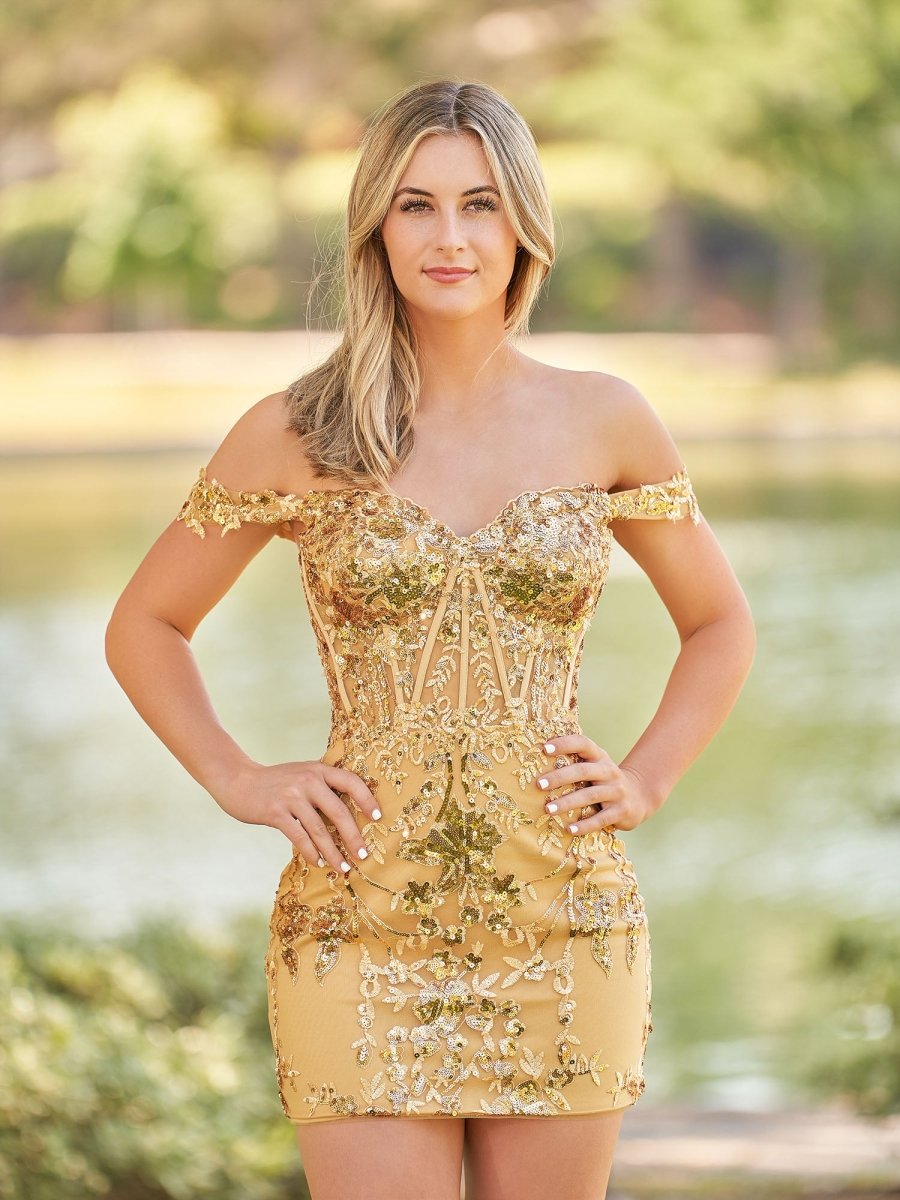 Erykah | Short Off the Shoulder Sheath Gold Kace Corset Homecoming Dresses - KissProm