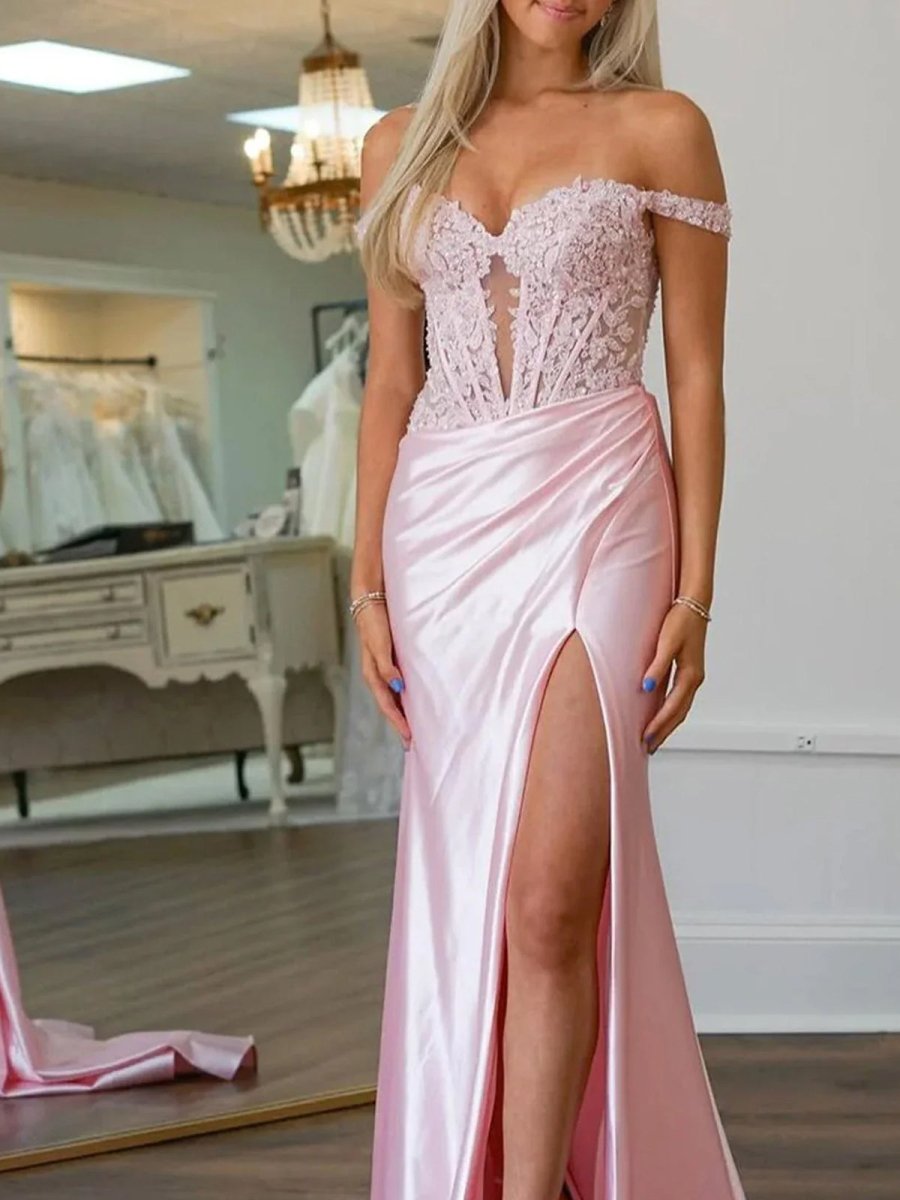 Eseld | Mermaid Sweetheart Pink Satin Long Prom Dresses With Split - KissProm