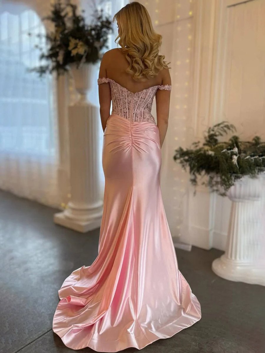 Eseld | Mermaid Sweetheart Pink Satin Long Prom Dresses With Split - KissProm