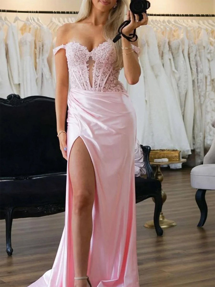 Eseld | Mermaid Sweetheart Pink Satin Long Prom Dresses With Split - KissProm