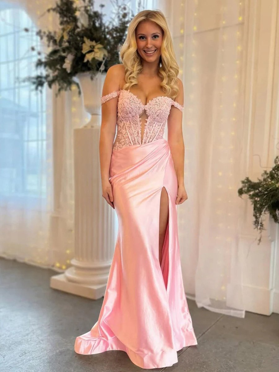 Eseld | Mermaid Sweetheart Pink Satin Long Prom Dresses With Split - KissProm