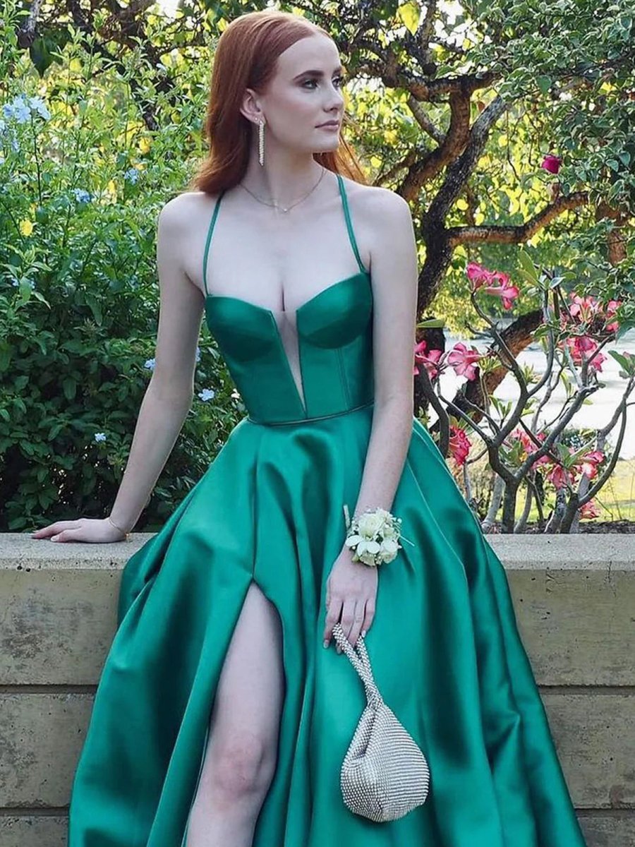 Etherea | A Line Sweetheart Green Satin Long Prom Dresses with Slit - KissProm