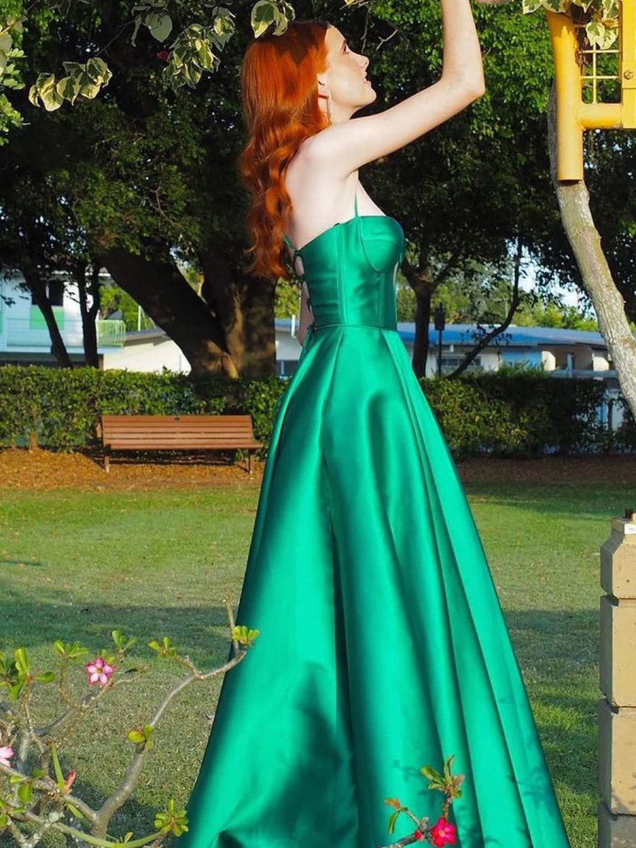 Etherea | A Line Sweetheart Green Satin Long Prom Dresses with Slit - KissProm