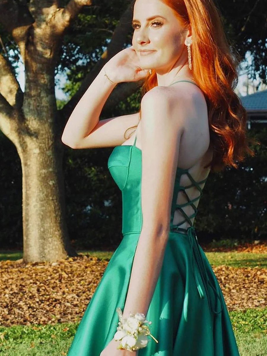 Etherea | A Line Sweetheart Green Satin Long Prom Dresses with Slit - KissProm