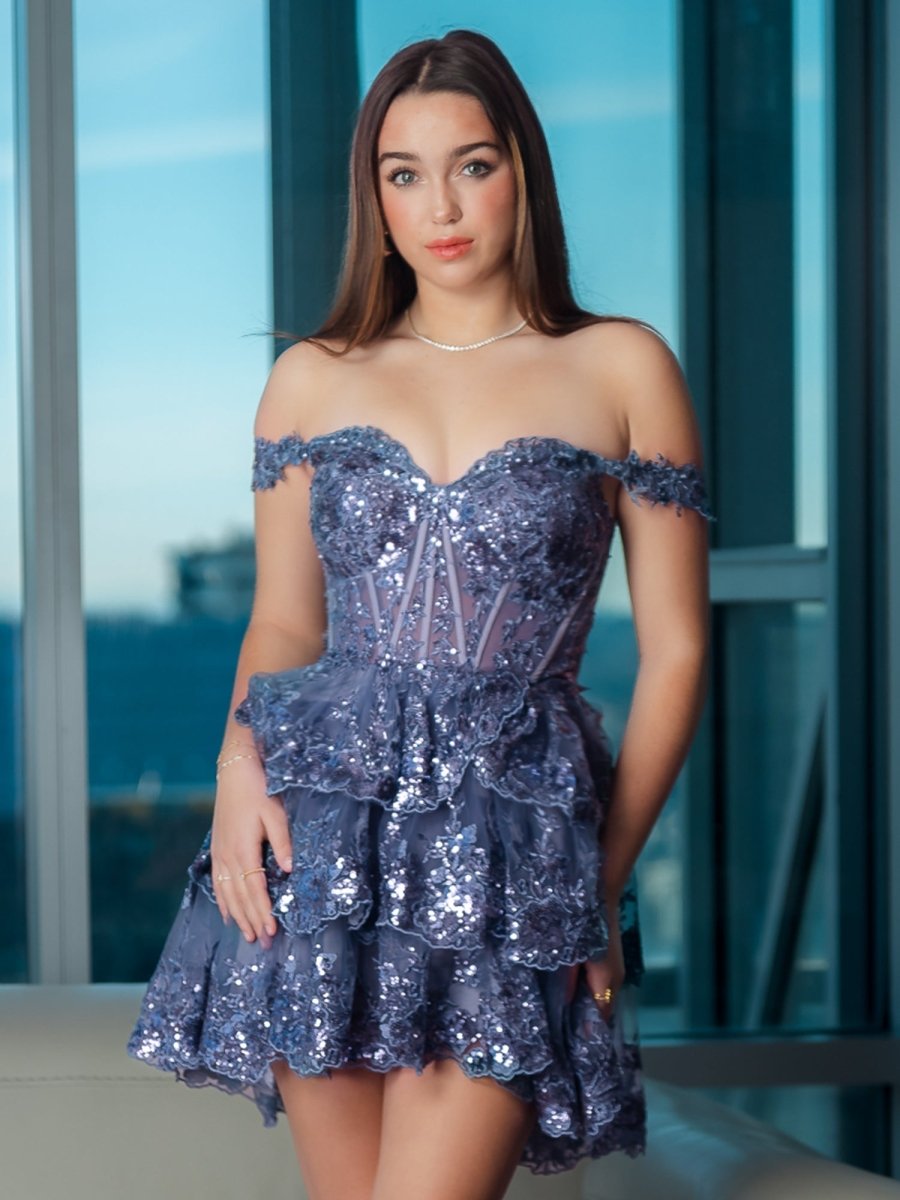 Everly | A - Line Sweetheart Tiered Navy Blue Short Homecoming Dress - KissProm