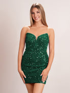 KissProm Bodycon Sweetheart Sequin Short Homecoming Dresses | In a timeless black shade, the dress showcases a flattering v-neck neckline, drawing attention to the neckline.