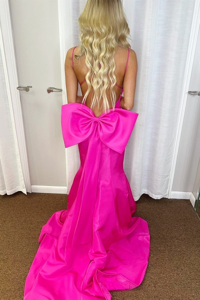 Evynn | Hot Pink V - Neck Bow - Back Trumpet Long Gown - KissProm