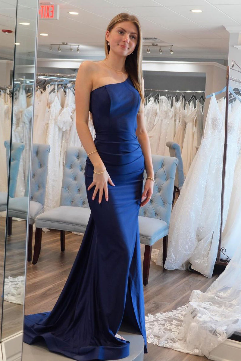 Simple Mermaid One Shoulder Navy Blue Satin Long Prom Dresses