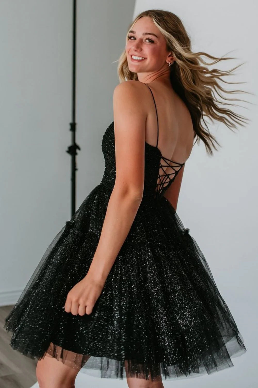 Posey | Glitter A-Line Spaghetti Straps Black Tulle Homecoming Dresses