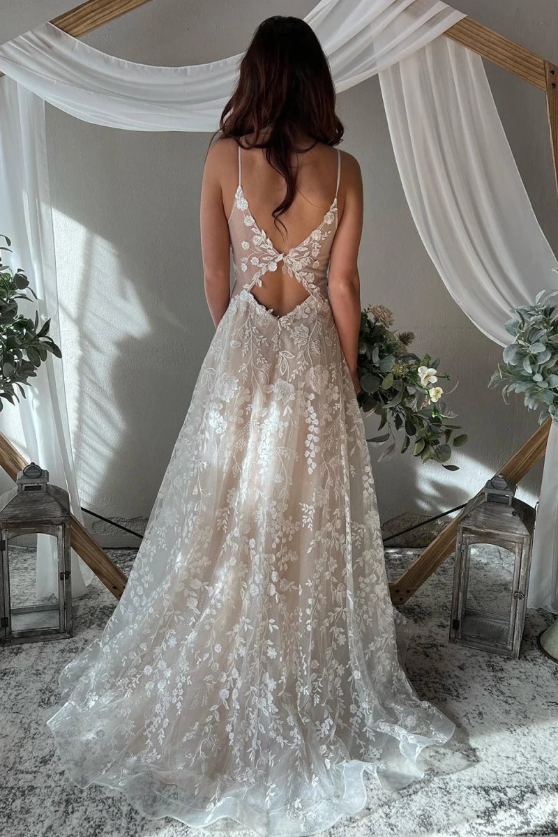 Exquisite A - Line V Neck Lace Boho Wedding Dresses - KissProm