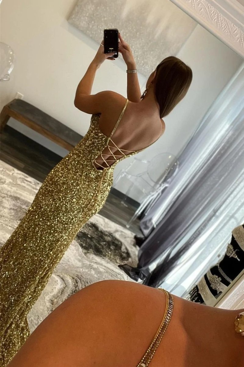 Arlene | Charming Mermaid V Nekc Gold Sequins Long Prom Dresses with Slit - KissProm