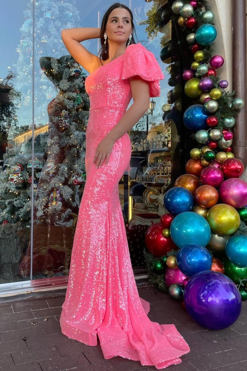 Fauna | Neon Pink Sequin One - Shoulder Bow Strap Trumpet Long Prom Dress - KissProm