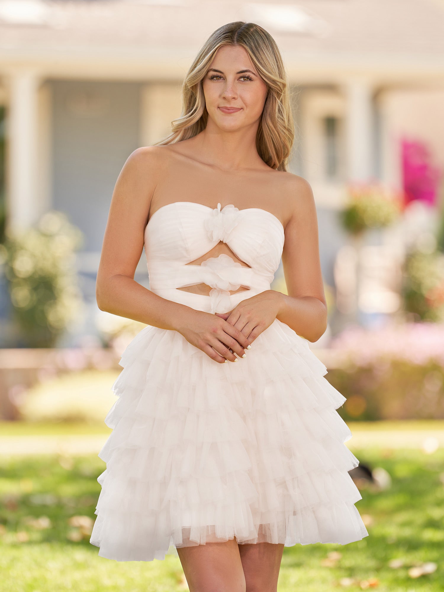 Feben | Strapless Tiered Ruffle Tulle Short Homecoming Dress With Flowers