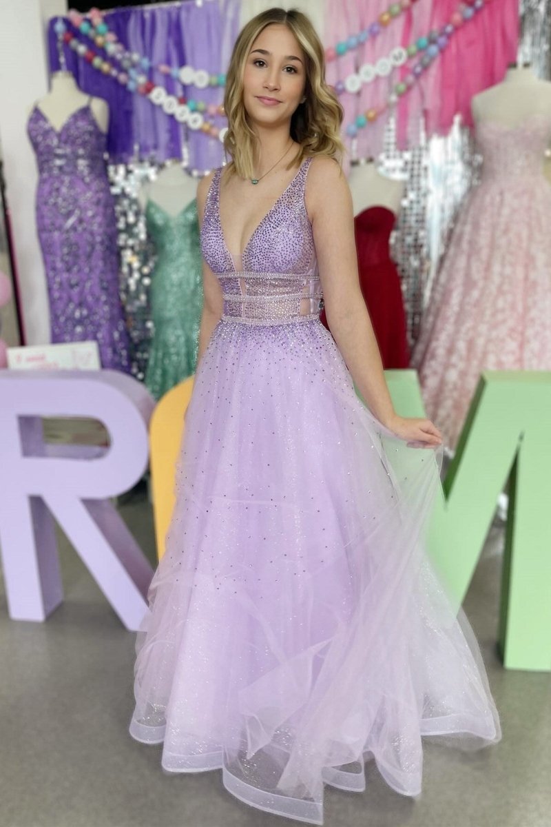 Filbei | Lavender Tulle Hot Stone Backless A - Line Prom Dress - KissProm