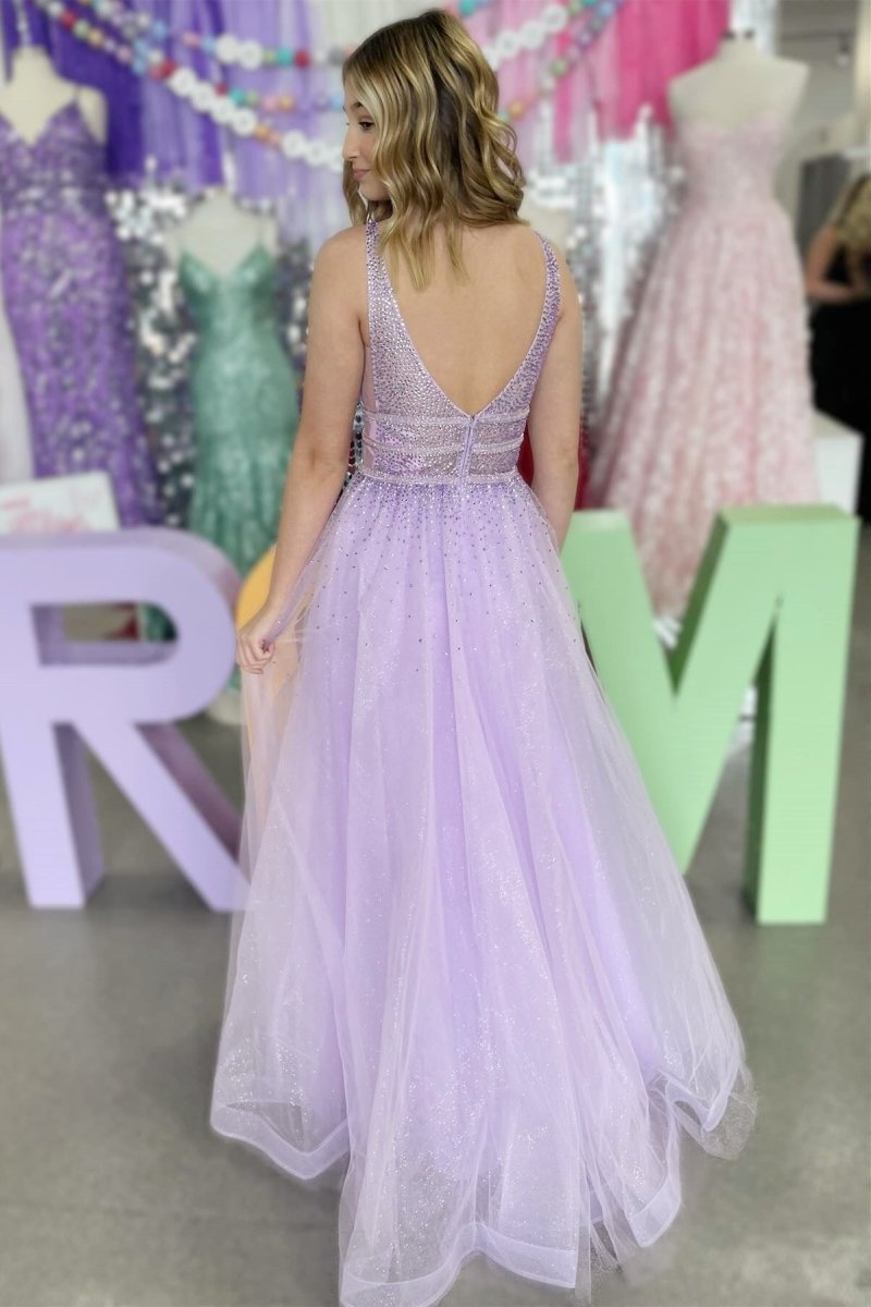 Filbei | Lavender Tulle Hot Stone Backless A - Line Prom Dress - KissProm