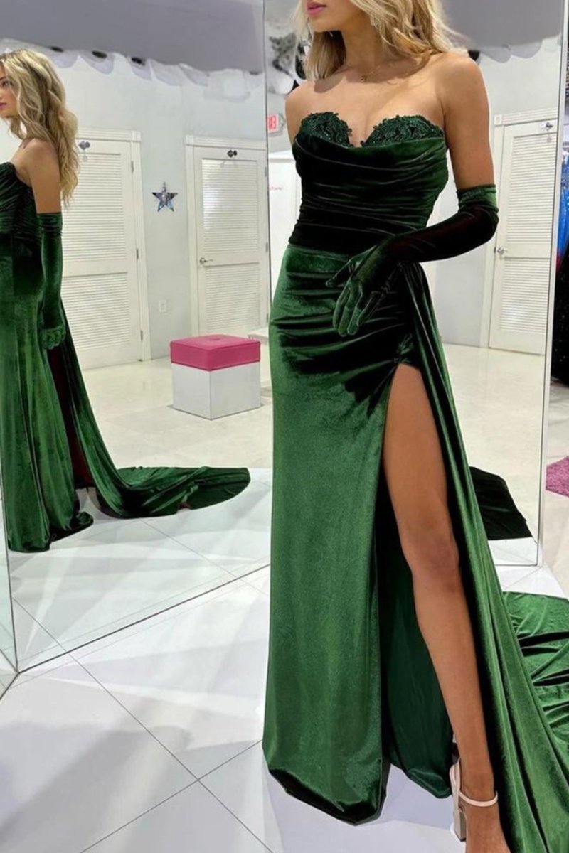 Finnegan | Emerald Sweetheart Long Prom Dress with Attached Train - KissProm