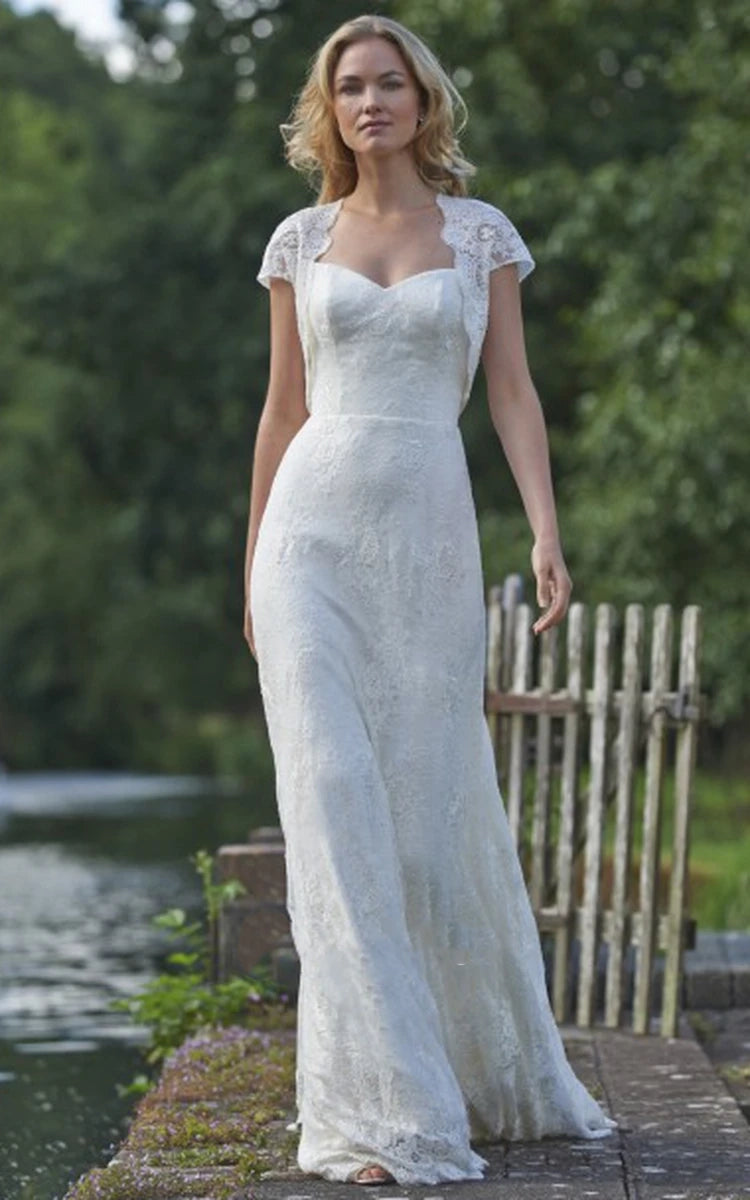 Floor - Length Square Cap - Sleeve Appliqued Lace Wedding Dress - KissProm