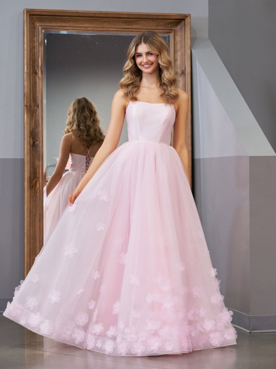 Arabella |A - line Spaghetti Straps Pink Tulle Prom Dress - KissProm