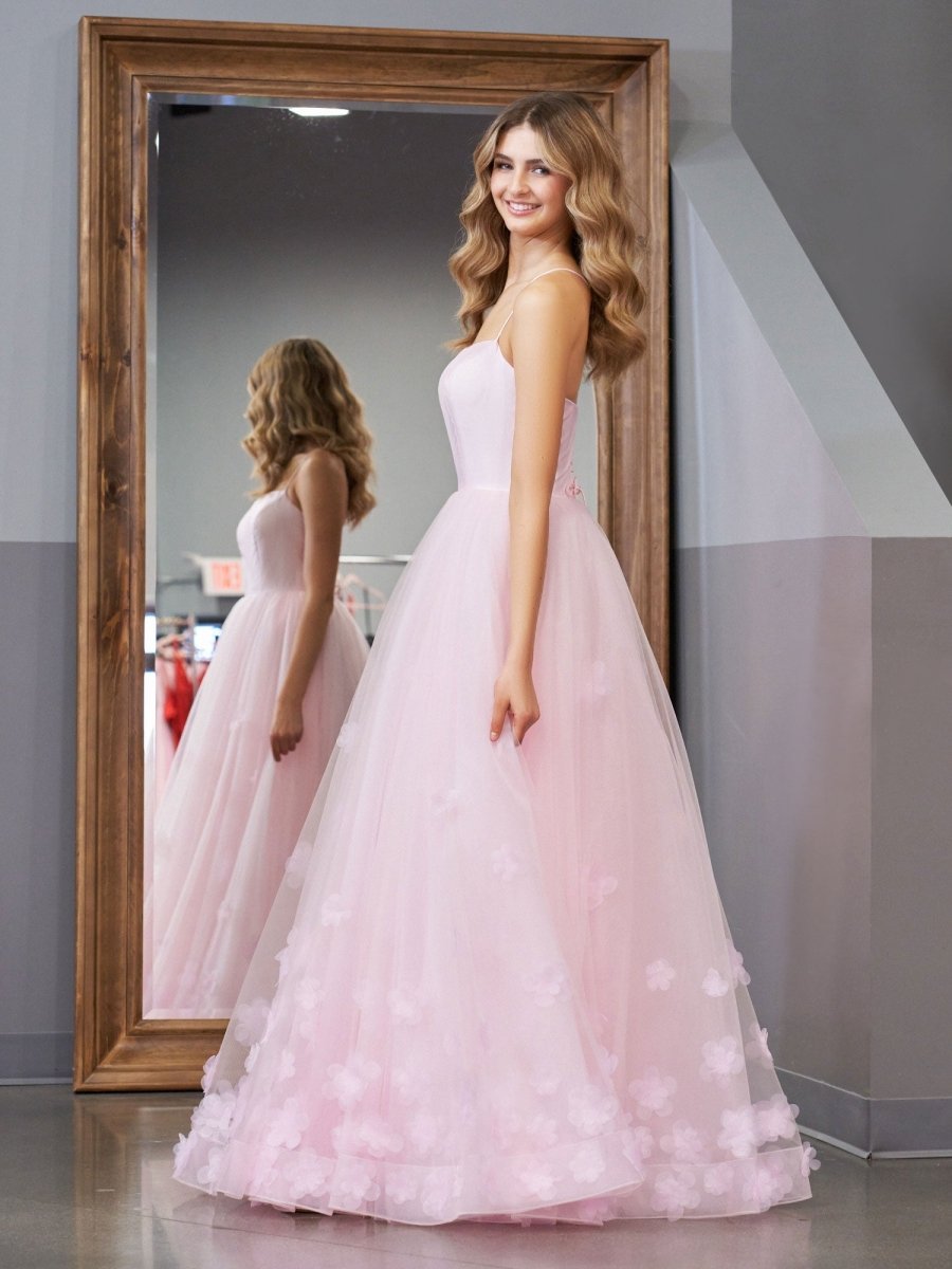 Arabella |A - line Spaghetti Straps Pink Tulle Prom Dress - KissProm