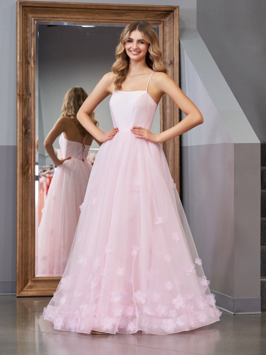 Arabella |A - line Spaghetti Straps Pink Tulle Prom Dress - KissProm