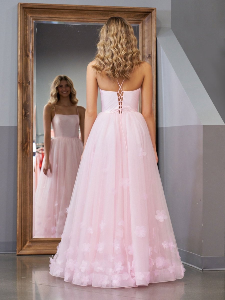 Arabella |A - line Spaghetti Straps Pink Tulle Prom Dress - KissProm