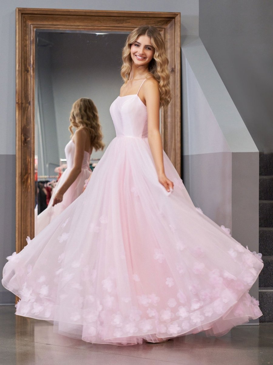 Arabella |A - line Spaghetti Straps Pink Tulle Prom Dress - KissProm